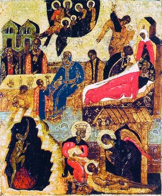 Podobenství o Lazarovi a boháči, klejmo ikony Smolenský Spasitel s podobenstvími, 16. století